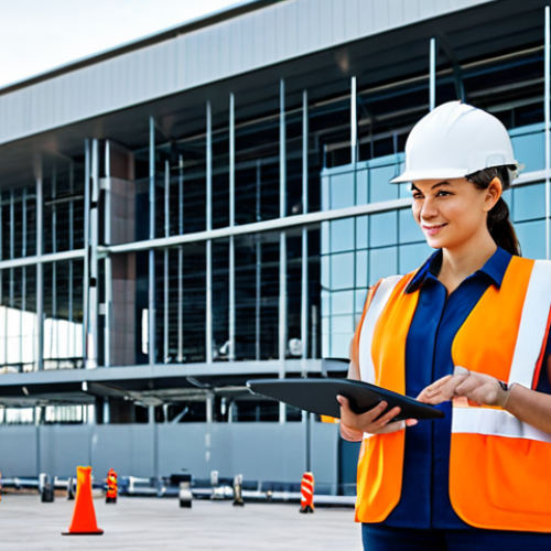 A professional female civil engineer, fully clothed in a modest, modern safety uniform including a hard hat and safety vest, standing confidently on a clean and active construction site of a large-scale airport expansion project. She holds a tablet displaying a detailed 3D Building Information Model (BIM) of the structure. In the background, glimpses of advanced construction machinery and a surveying drone signify cutting-edge technology. Bright, natural daylight, professional photography, high detail, high resolution, realistic, perfect anatomy, correct proportions, natural pose, well-formed hands, proper finger count, natural body proportions, safe for work, appropriate content, fully clothed, professional dress, family-friendly.