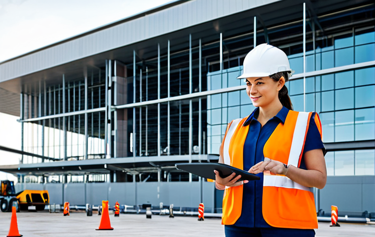 A professional female civil engineer, fully clothed in a modest, modern safety uniform including a hard hat and safety vest, standing confidently on a clean and active construction site of a large-scale airport expansion project. She holds a tablet displaying a detailed 3D Building Information Model (BIM) of the structure. In the background, glimpses of advanced construction machinery and a surveying drone signify cutting-edge technology. Bright, natural daylight, professional photography, high detail, high resolution, realistic, perfect anatomy, correct proportions, natural pose, well-formed hands, proper finger count, natural body proportions, safe for work, appropriate content, fully clothed, professional dress, family-friendly.