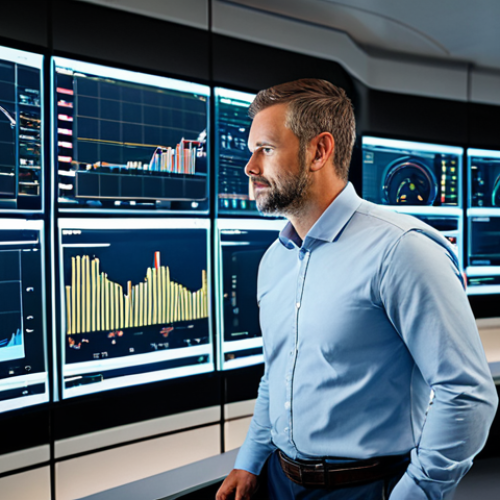 A professional male civil engineer in his late 30s, wearing a modest business shirt and slacks, standing in a sophisticated control room. He is looking at large, transparent digital displays showing real-time data visualizations of a futuristic bridge's structural health, with subtle indicators of IoT sensor readings and drone imagery. The setting emphasizes advanced technology and infrastructure monitoring. The scene is well-lit, professional photography, high quality, realistic, sharp focus. Fully clothed, appropriate attire, safe for work, appropriate content, perfect anatomy, correct proportions, natural body proportions, well-formed hands, proper finger count, family-friendly.