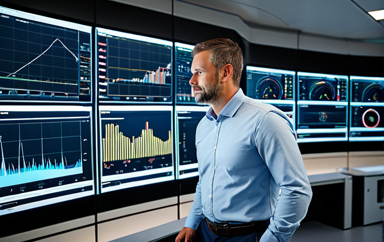 A professional male civil engineer in his late 30s, wearing a modest business shirt and slacks, standing in a sophisticated control room. He is looking at large, transparent digital displays showing real-time data visualizations of a futuristic bridge's structural health, with subtle indicators of IoT sensor readings and drone imagery. The setting emphasizes advanced technology and infrastructure monitoring. The scene is well-lit, professional photography, high quality, realistic, sharp focus. Fully clothed, appropriate attire, safe for work, appropriate content, perfect anatomy, correct proportions, natural body proportions, well-formed hands, proper finger count, family-friendly.