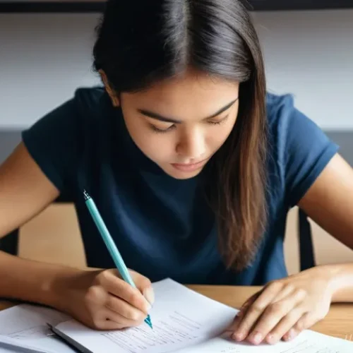 토목기사 자격증 준비를 위한 도구 - **Prompt 1: Focused Study Session with Past Exam Papers and Handwritten Notes**
    A young adult, p...