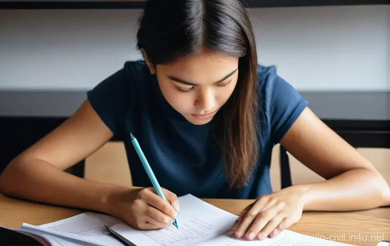 토목기사 자격증 준비를 위한 도구 - **Prompt 1: Focused Study Session with Past Exam Papers and Handwritten Notes**
    A young adult, p...