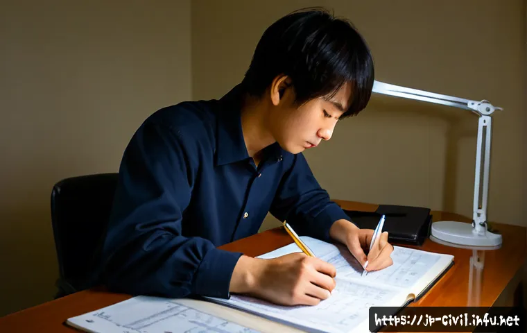 토목기사 시험 난이도 분석 - Photorealistic Japanese civil engineering exam candidate studying late at a clean desk, focused youn...