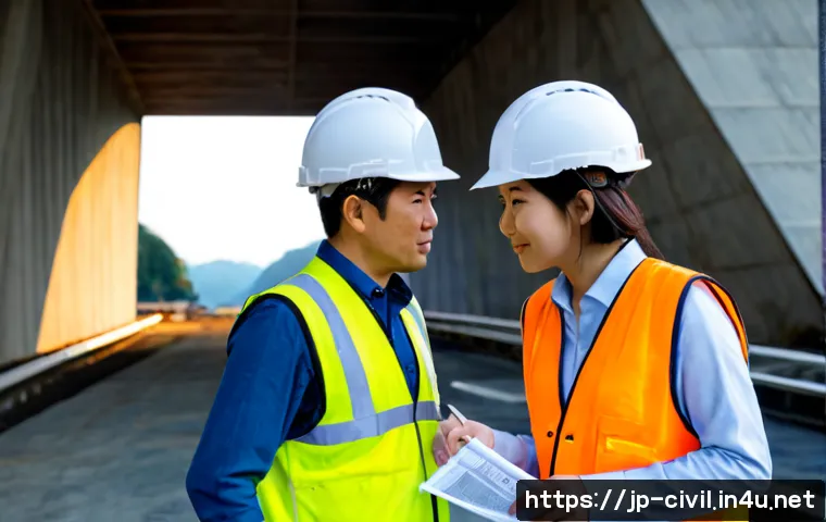 토목공학 실무 경험 공유 - Photorealistic civil engineering field mentoring scene in Japan, two Japanese engineers wearing clea...